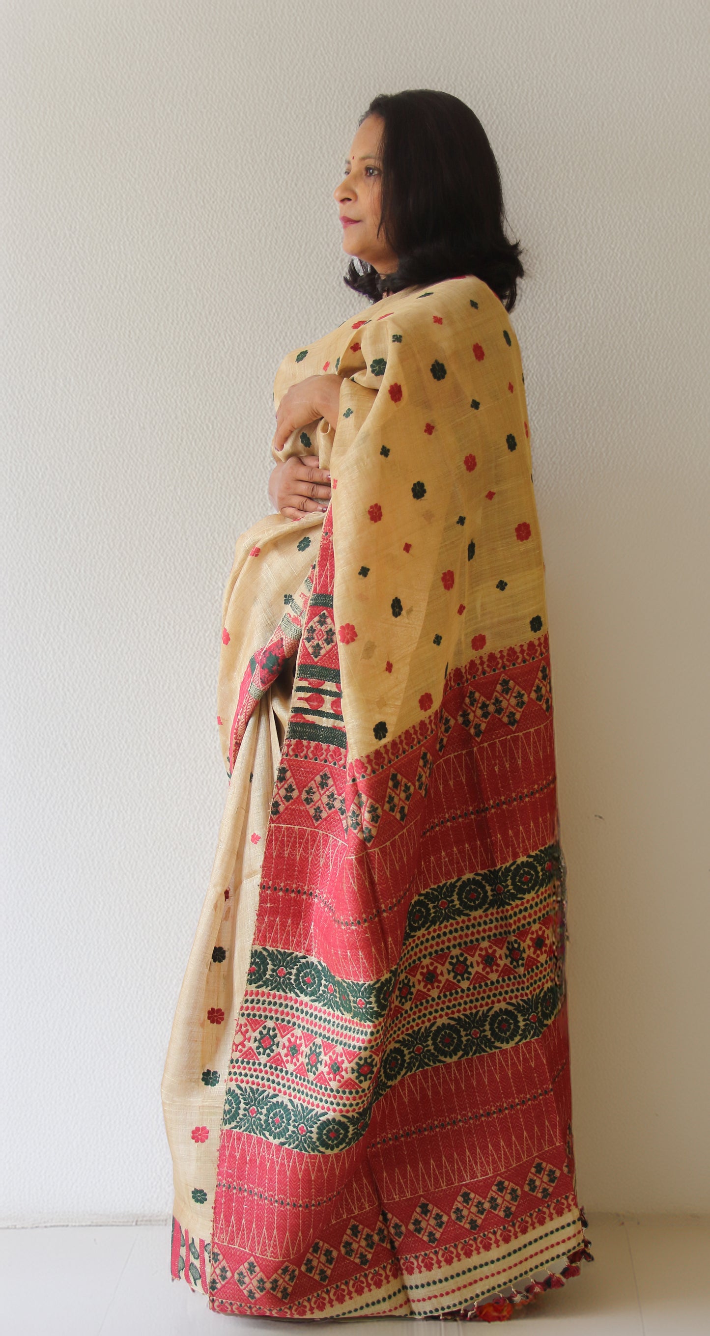 Muga Silk Saree with natural dyed Eri Silk motifs from Assam
