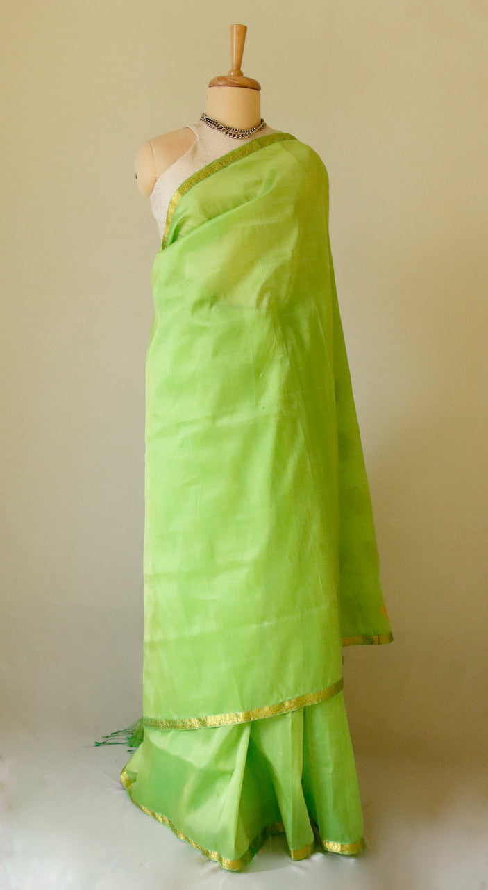 Leaf Green Handloom Silk Organza Sari from Assam , India