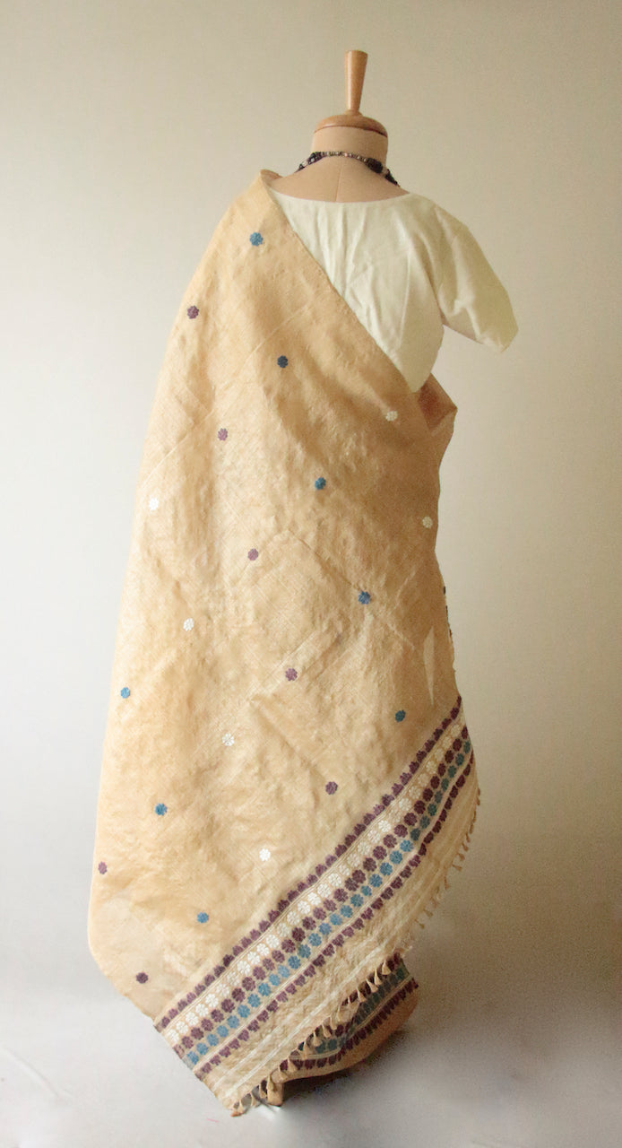Authentic  Muga Silk Mekhla Chador Set with Natural Dyed Eri Silk Motifs from Assam