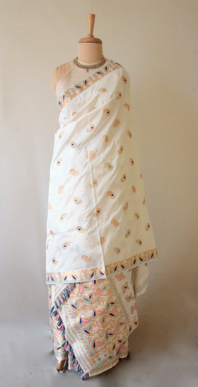 Bridal Off White Traditional Pure Silk Mekhela Chador Set from Assam korobidesign