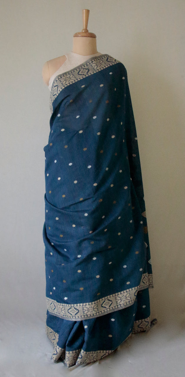 Natural Indigo Dyed Handloom Eri Silk / Mulberry Silk Sari from Assam