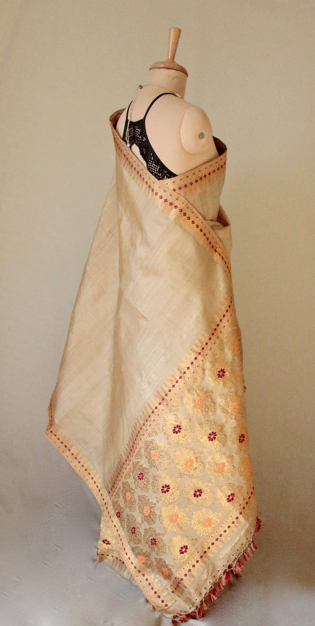 Muga Silk Mekhla Chador Set in Maroon & Zari motifs from Assam
