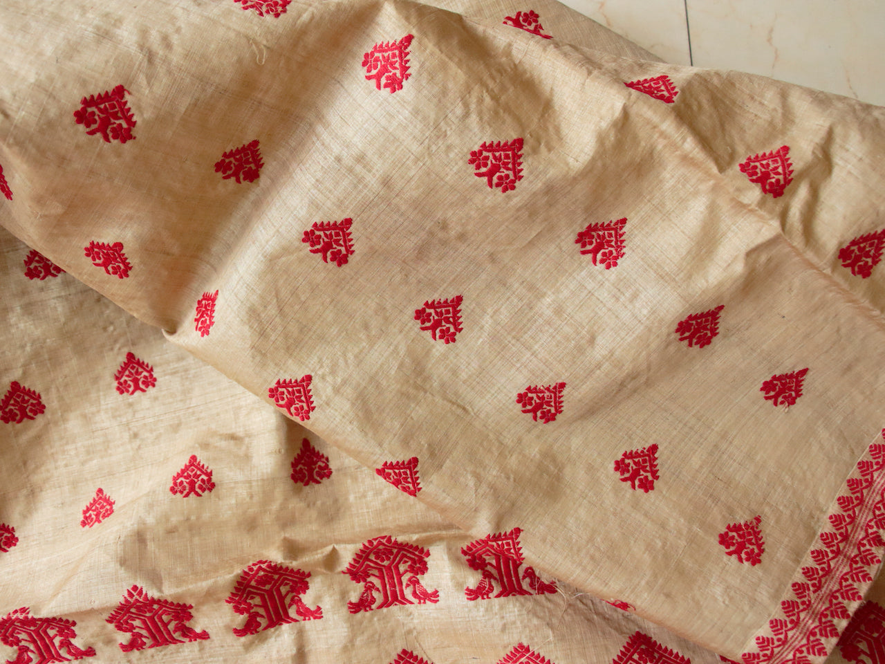 Muga Silk Handloom Mekhla Chador Set from Assam in Classic Red and Muga Combination