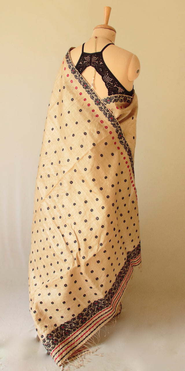 Assam Silk Saree - Golden with red and Green thread Work - ArtisanSoul