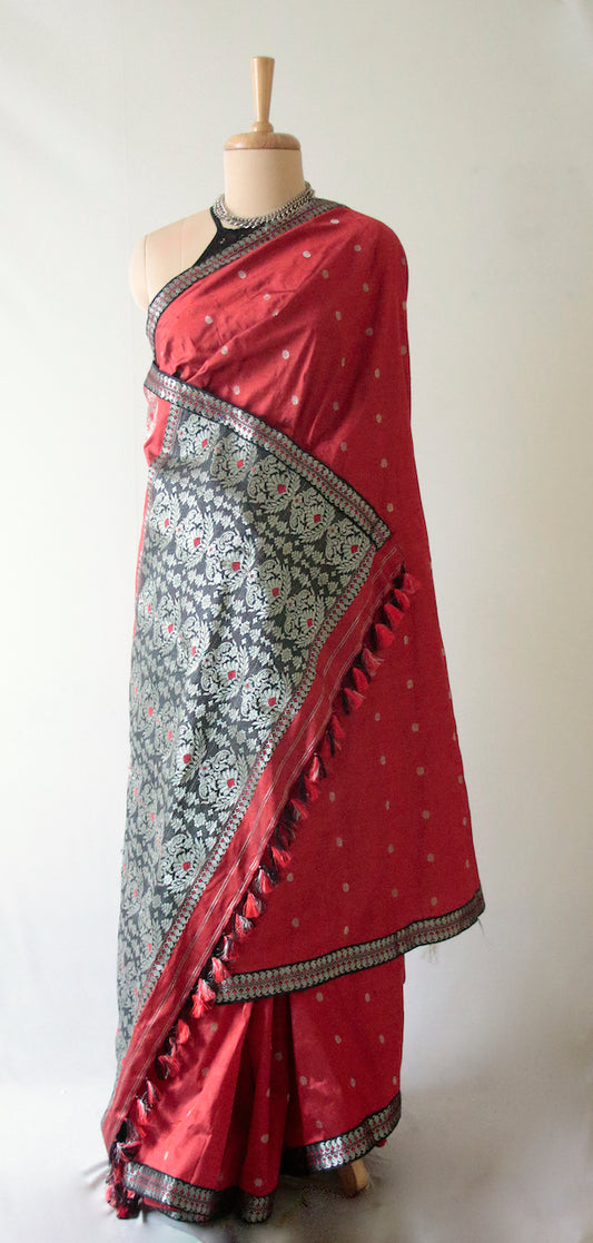 Deep Red and Black  Zari Work Handloom Mulberry Silk / Pat Silk Saree from Assam