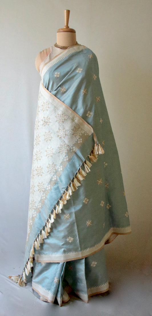 Two tone Pista Green Handloom Silk Saree from Assam