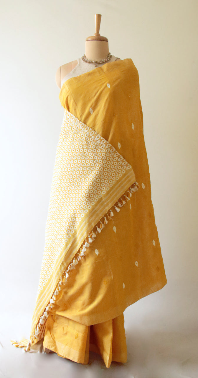 Natural Turmeric Dyed Handloom Eri Silk / Mulberry Silk Sari from Assam , India