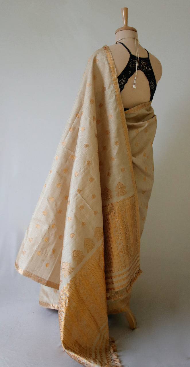 Handloom Authentic Muga Silk Sari with golden Pure zari from Assam , India