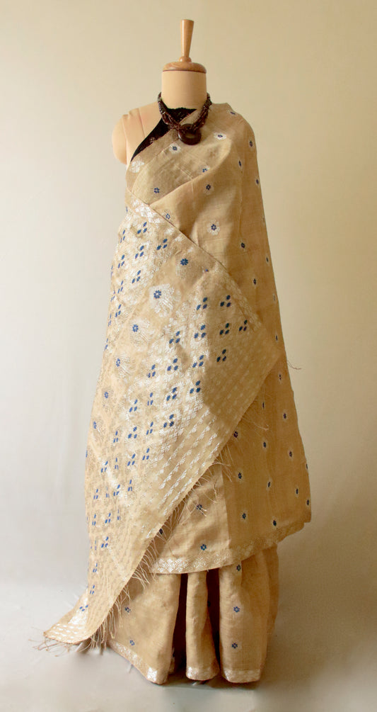 Muga Silk Saree with Silver Zari motifs  from Assam
