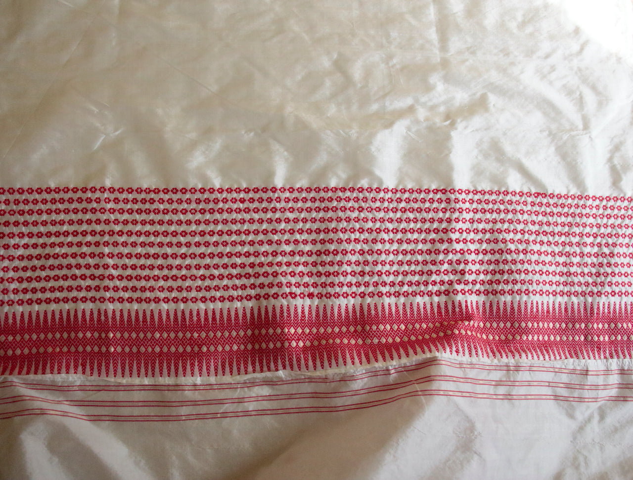 Natural White Mulberry Silk  Sari with red motifs from Assam