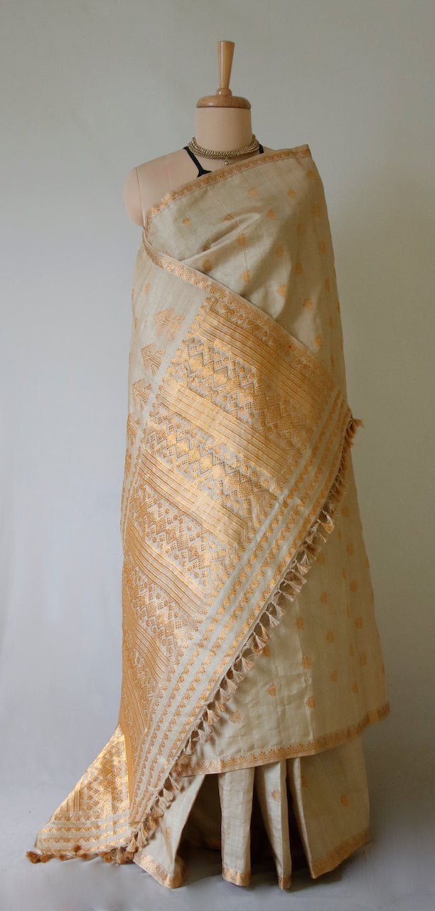 Handloom Authentic Muga Silk Sari with golden Pure zari from Assam , India