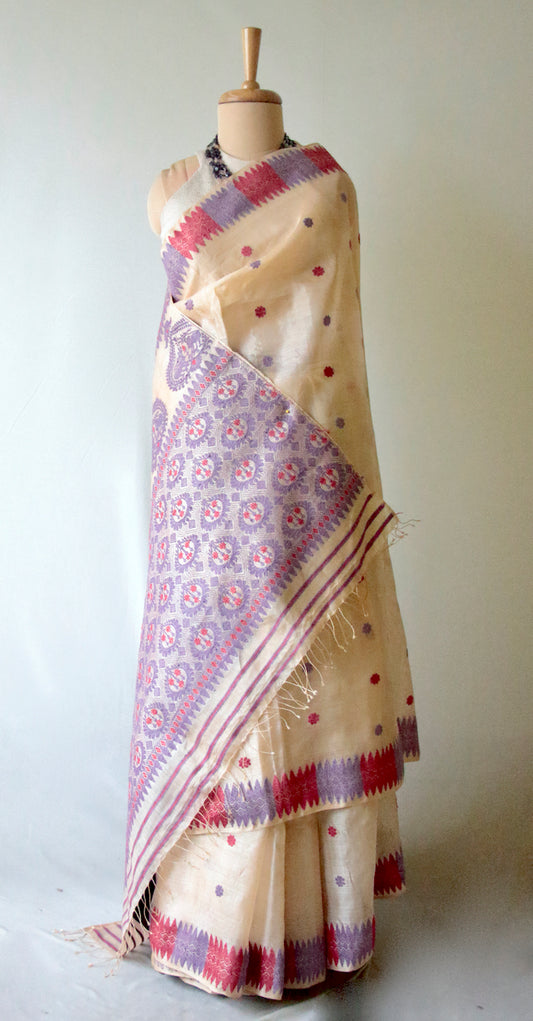 Tassar Silk by Mulberry Silk Saree with colourful traditional motifs from Assam