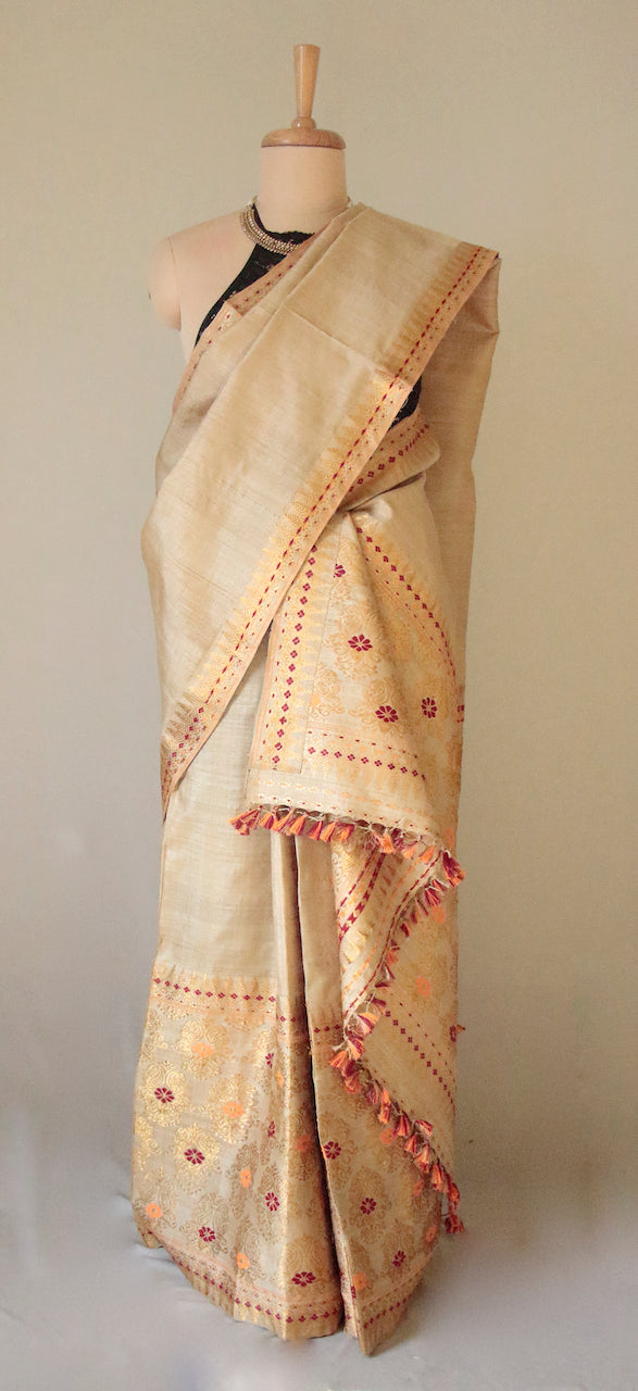 Muga Silk Mekhla Chador Set in Maroon & Zari motifs from Assam