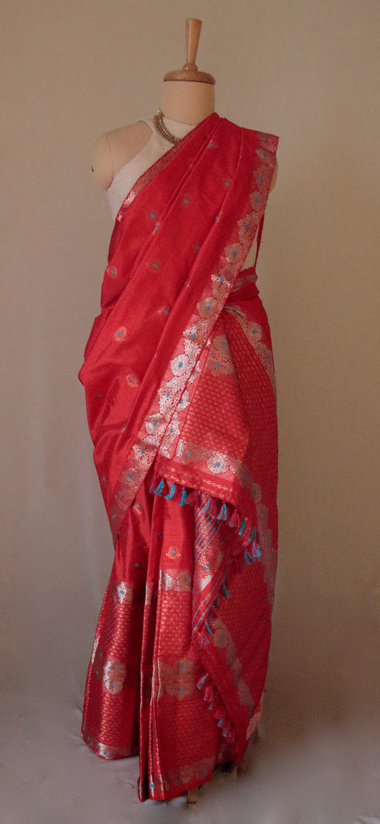 Crimson Red Traditional Pure Silk Mekhela Chador Set from Assam