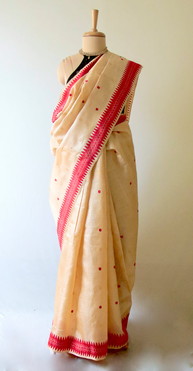 Tassar Silk Saree with traditional red and golden zari motifs from Assam