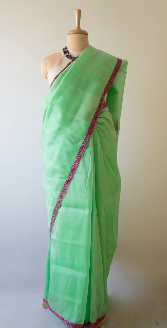 Green Handloom Silk Organza Sari from Assam