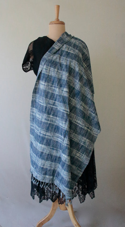 Blurred Stripe Effect  Indigo Natural Dyed Check and Stripe Handloom  Eri Silk Stoles / Scarfs  from Assam