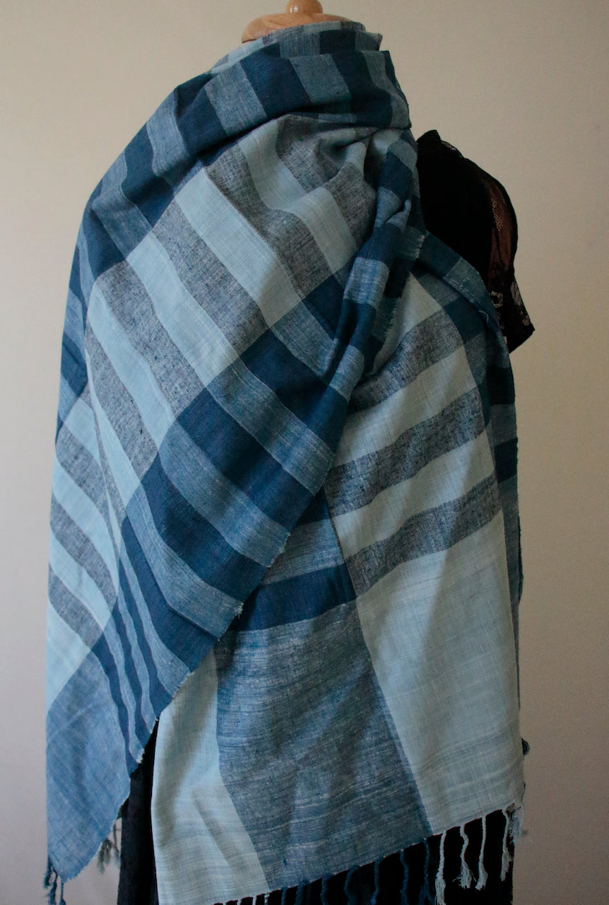 Indigo Natural Dyed Check and Stripe Handloom Hand Spun  Eri Silk Stoles / Scarfs  from Assam