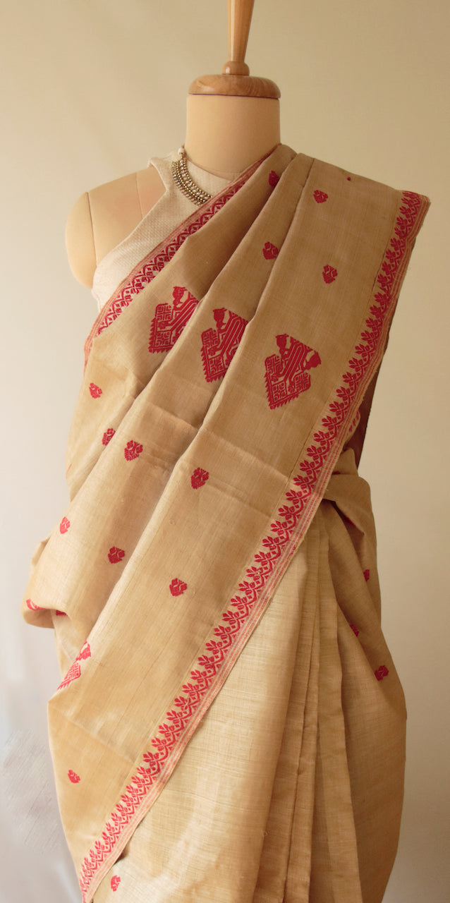 Muga Silk Saree in classic red motifs from Assam