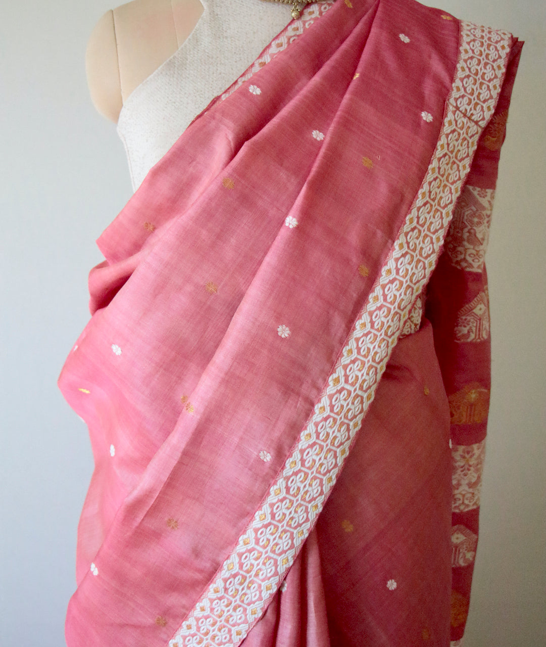 Pink Colour Tassar Silk Saree with traditional motifs from Assam