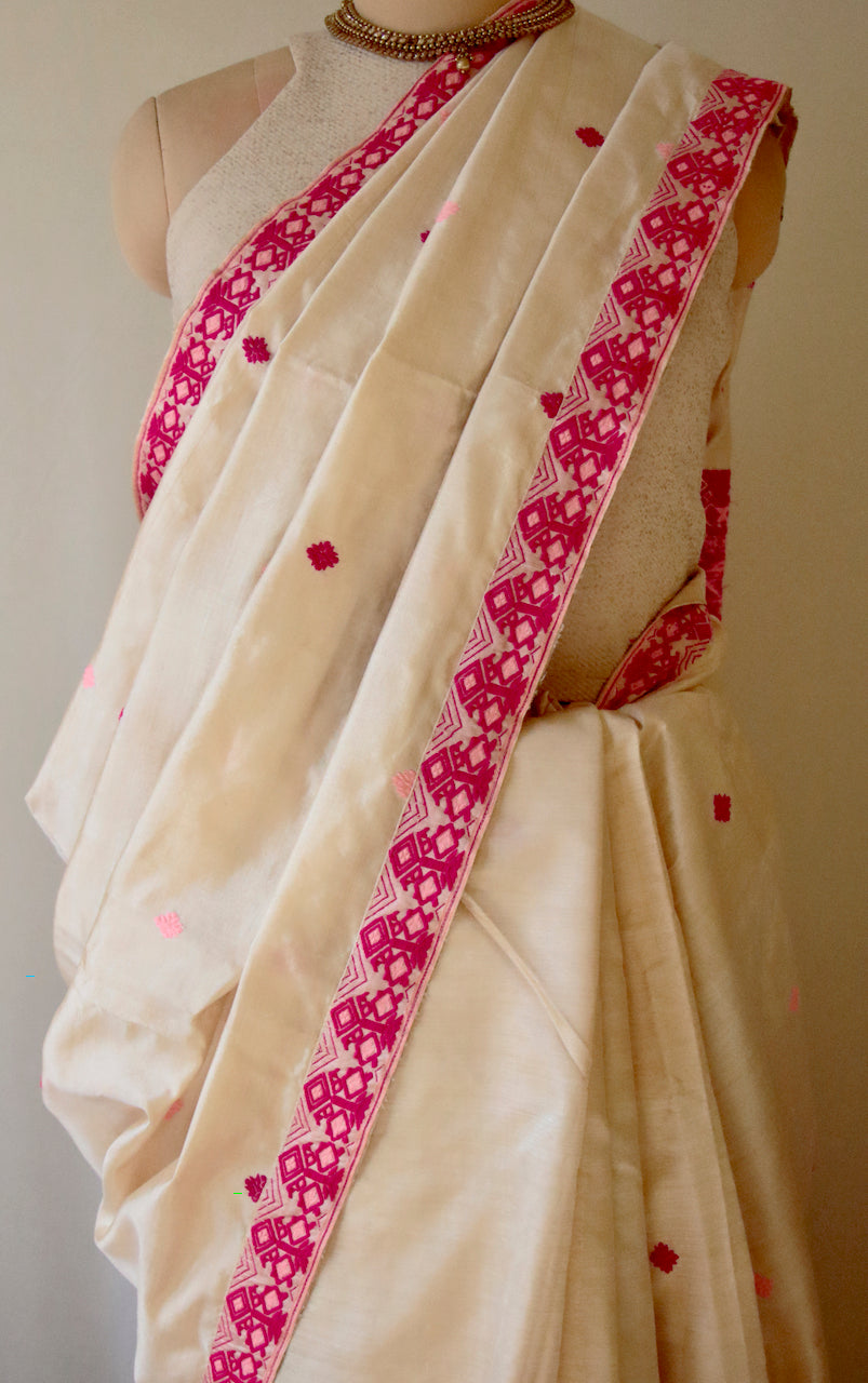 Light Golden Handloom Silk Saree from Assam