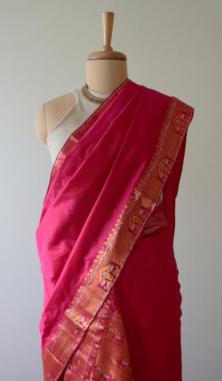 Fuchsia Pink Traditional Mulberry Silk 3 Pc Mekhla Chador Set from Assam , India