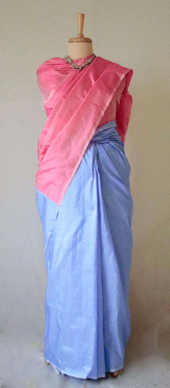 Pink and Blue Contemporary Style Handloom Mulberry Silk Saree from Assam