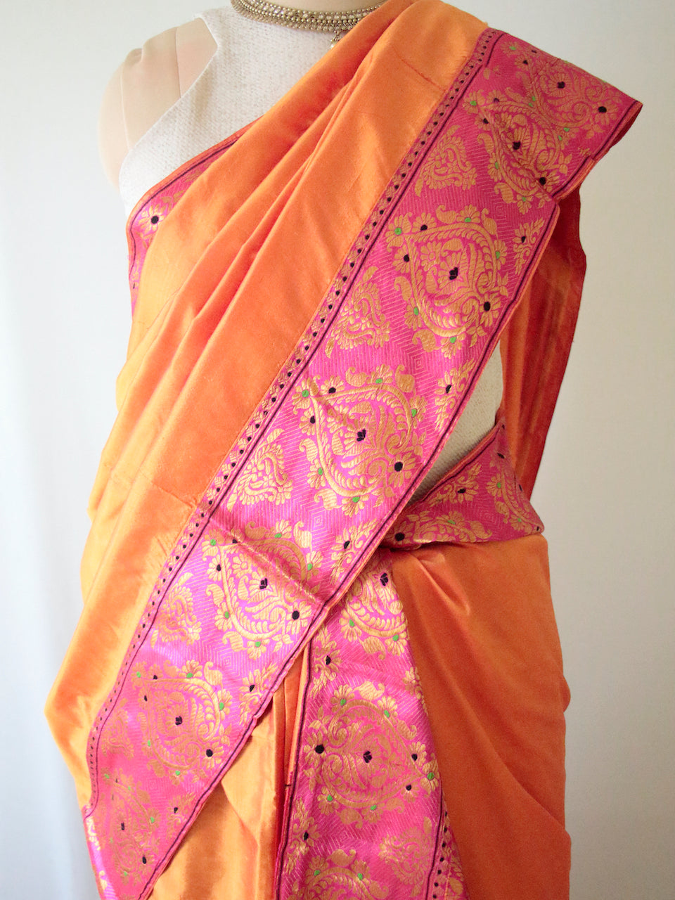 Bright Orange and Fuchsia pink  Traditional Pure Silk Mekhela Chador Set from Assam