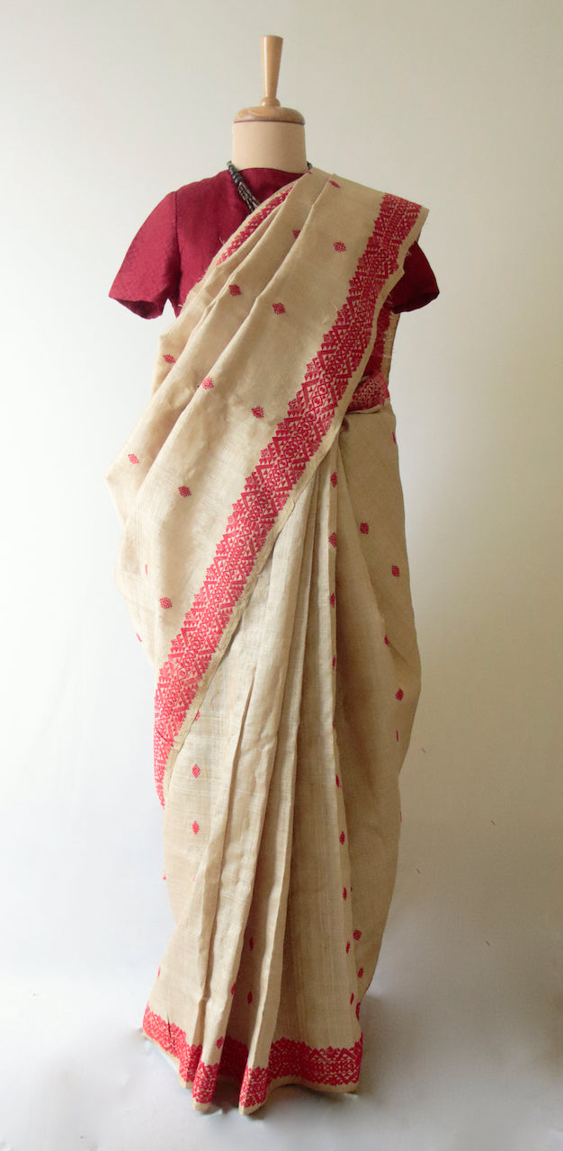Muga Silk Saree in classic red motifs from Assam