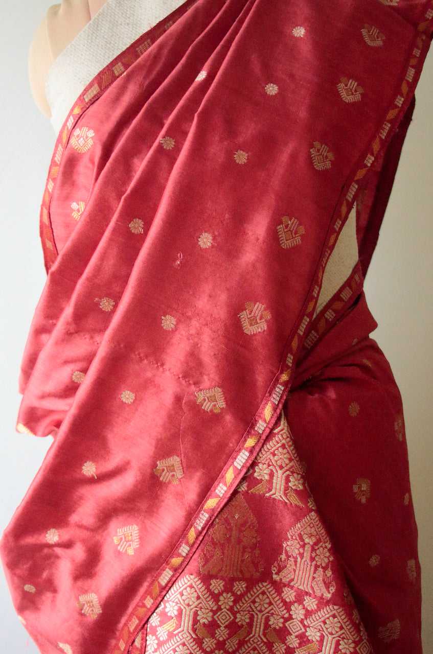 Deep Red Natural Dyed  Mulberry Silk Traditional Mekhla Chador Set from Assam