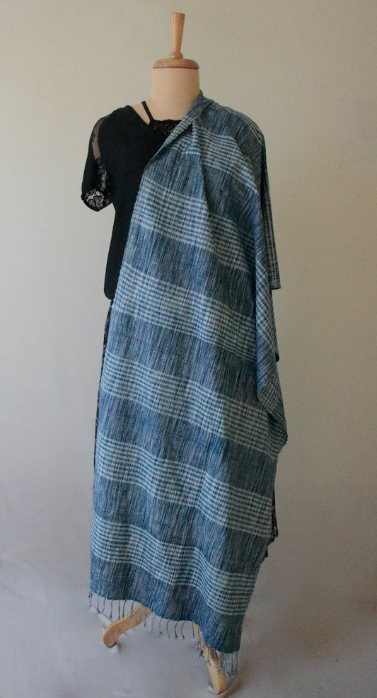 Indigo Natural Dyed Check and Stripe Handloom Hand Spun  Eri Silk Stoles / Scarfs  from Assam