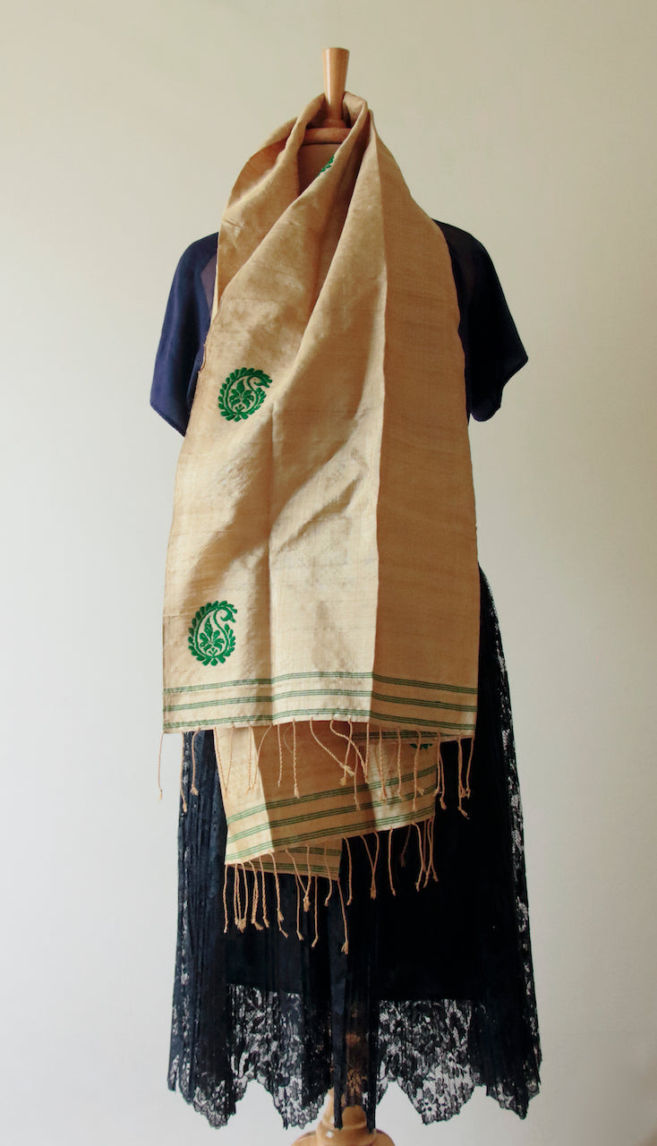 Golden Muga Silk Scarf / Stole with traditional motifs / handwoven from Assam, India.