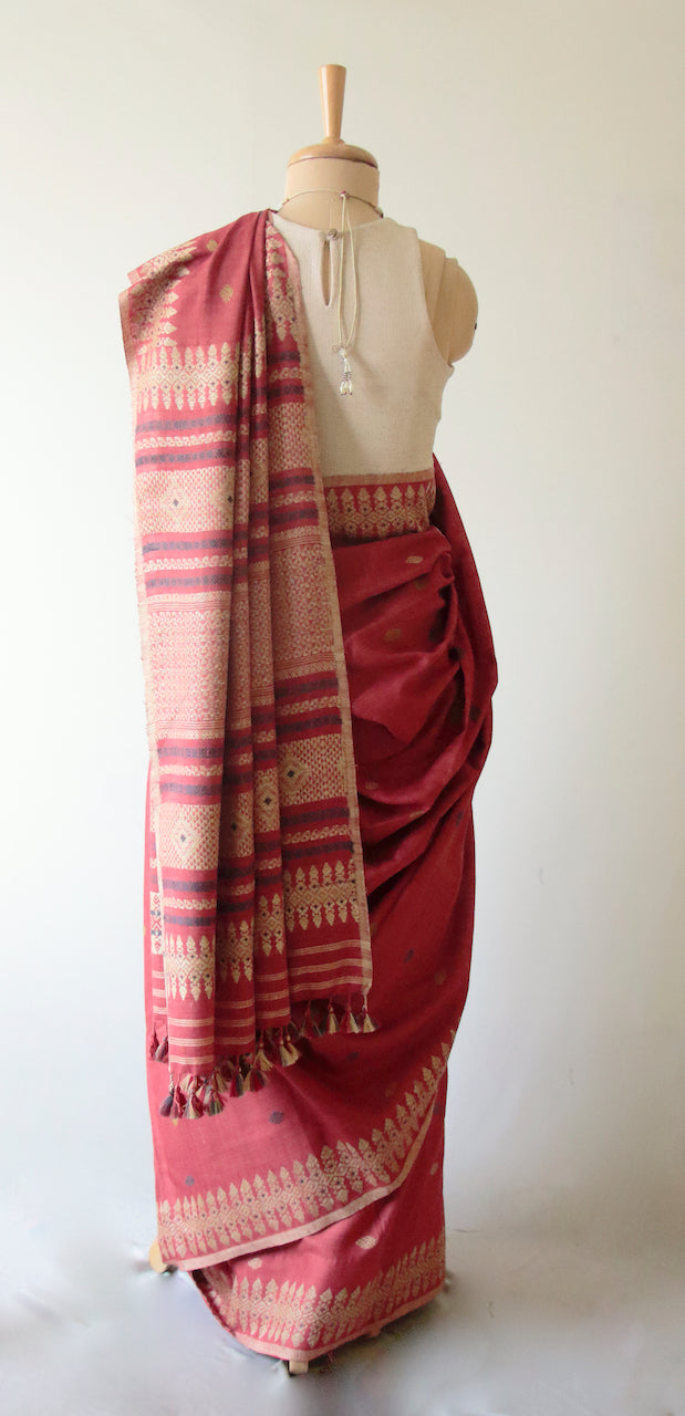 Maroon Natural Dyed Handloom Eri Silk Saree from Assam
