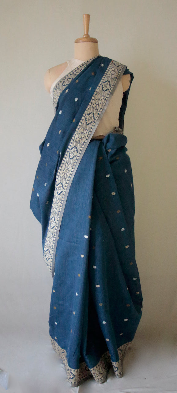 Natural Indigo Dyed Handloom Eri Silk / Mulberry Silk Sari from Assam