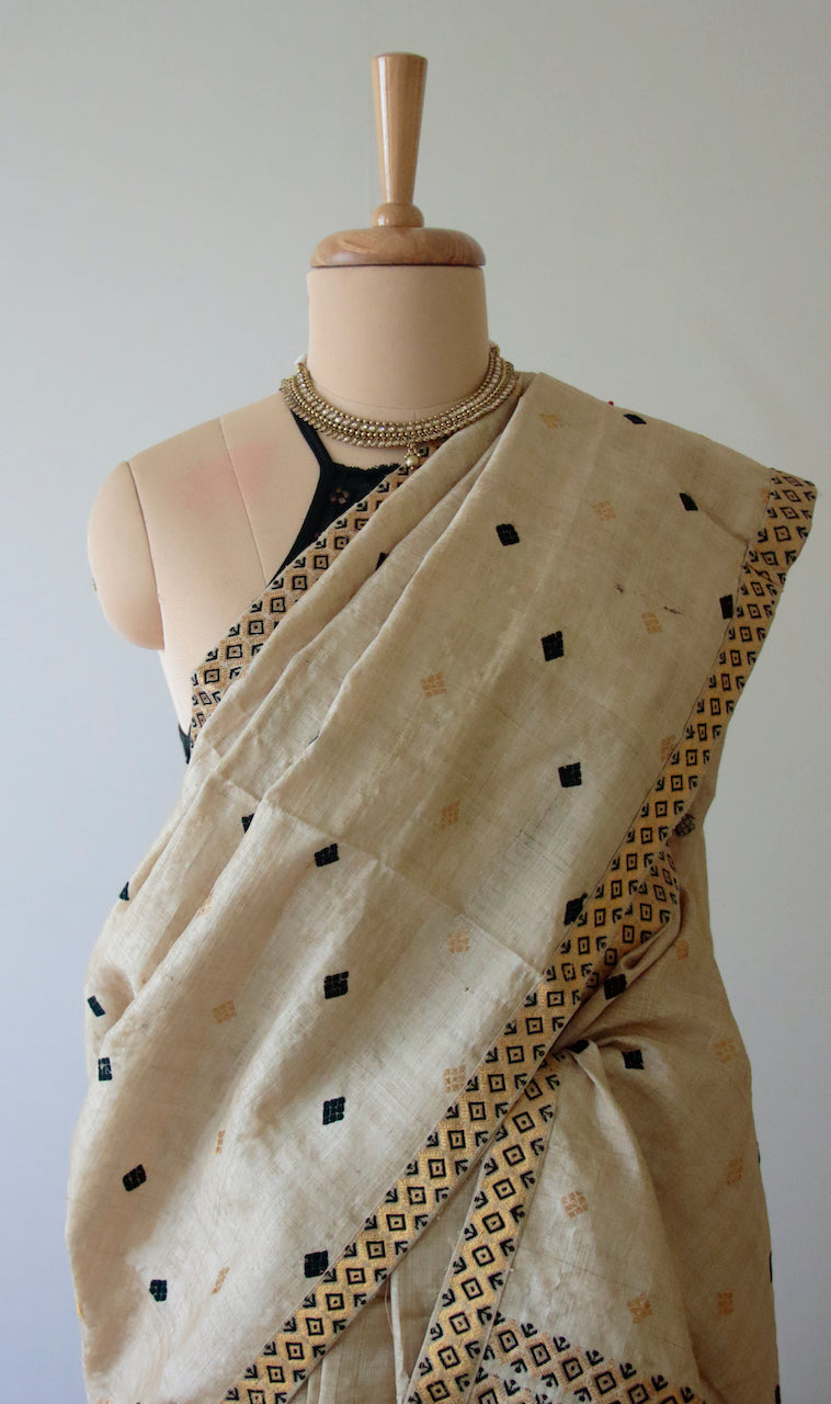 Authentic Muga Silk Mekhla Chador Set with Black and tested Zari Motifs from Assam , India