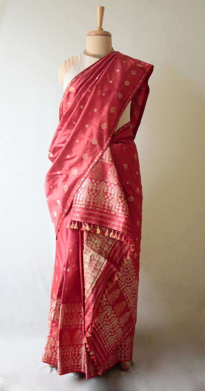 Deep Red Natural Dyed  Mulberry Silk Traditional Mekhla Chador Set from Assam