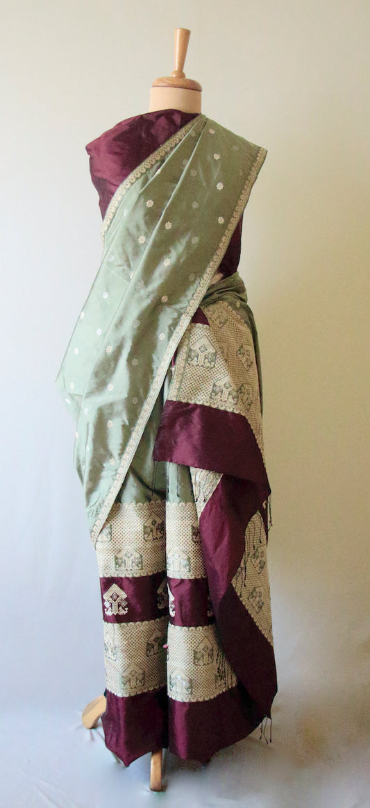 Brown and Olive Green Traditional Handloom Mulberry Silk Mekhla Chador Set from Assam ,