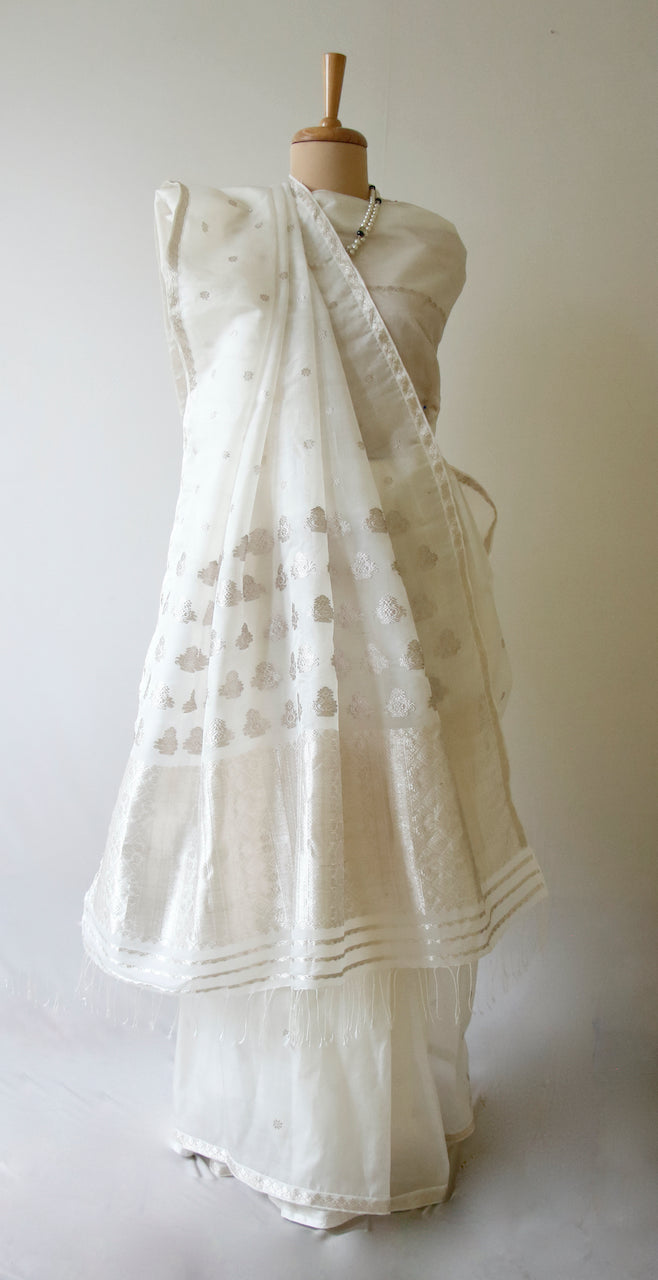 White Handloom Organza  Silk Sari From Assam