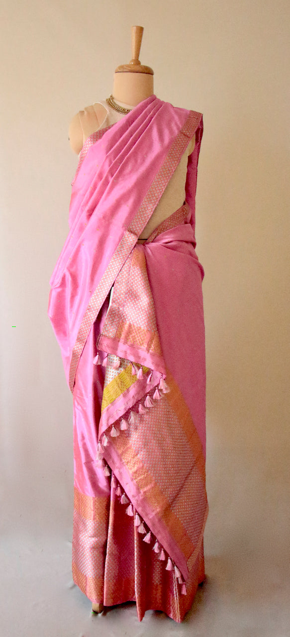 Pink Traditional Pure Silk Mekhela Chador Set from Assam