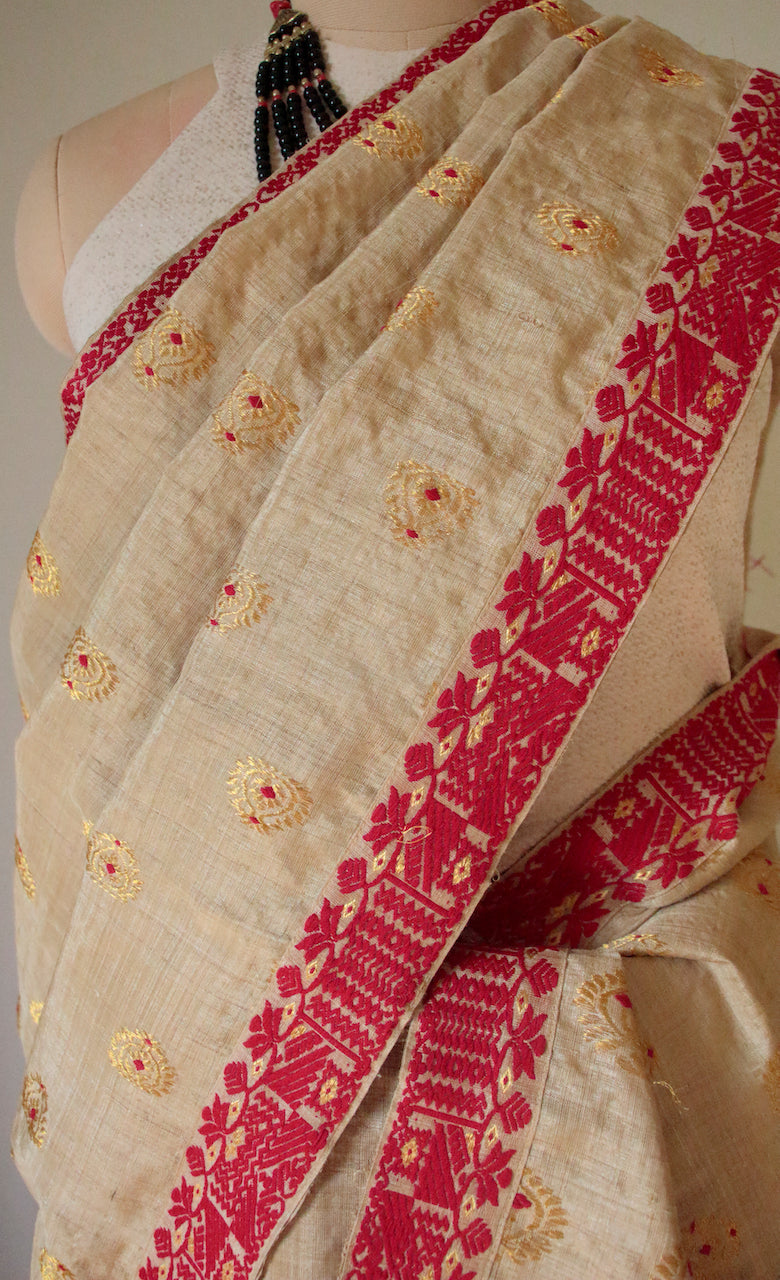 Bridal Classic Muga Silk Mekhla Chador Set in Red & Zari motifs from Assam