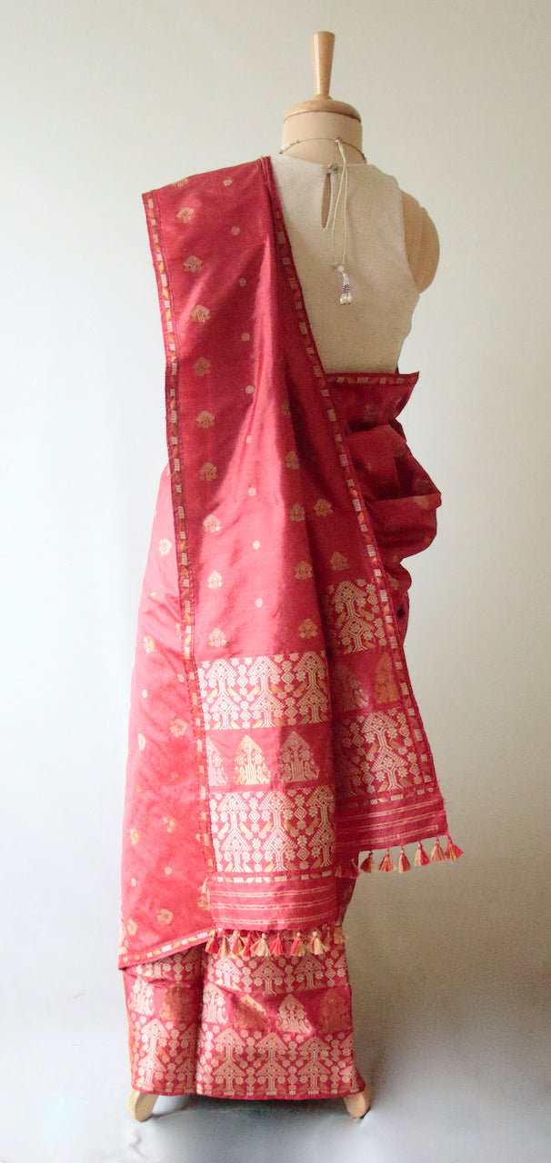 Deep Red Natural Dyed  Mulberry Silk Traditional Mekhla Chador Set from Assam