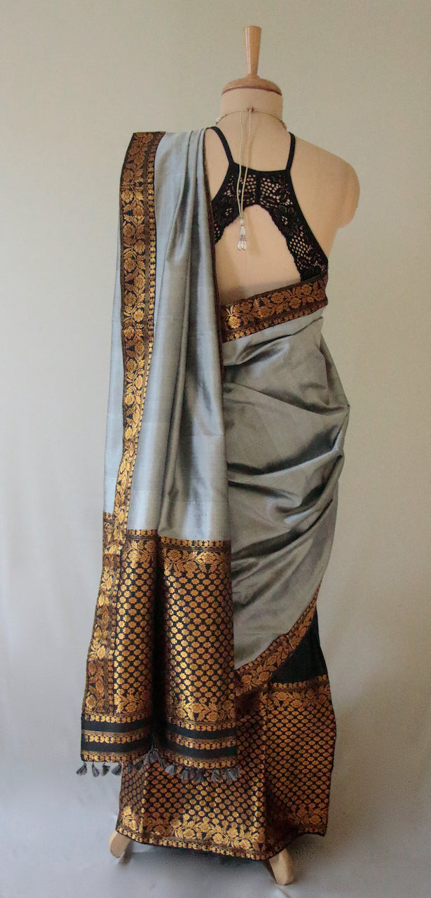 Black & Grey Contrast  Traditional Pure Silk Mekhela Chador Set from Assam