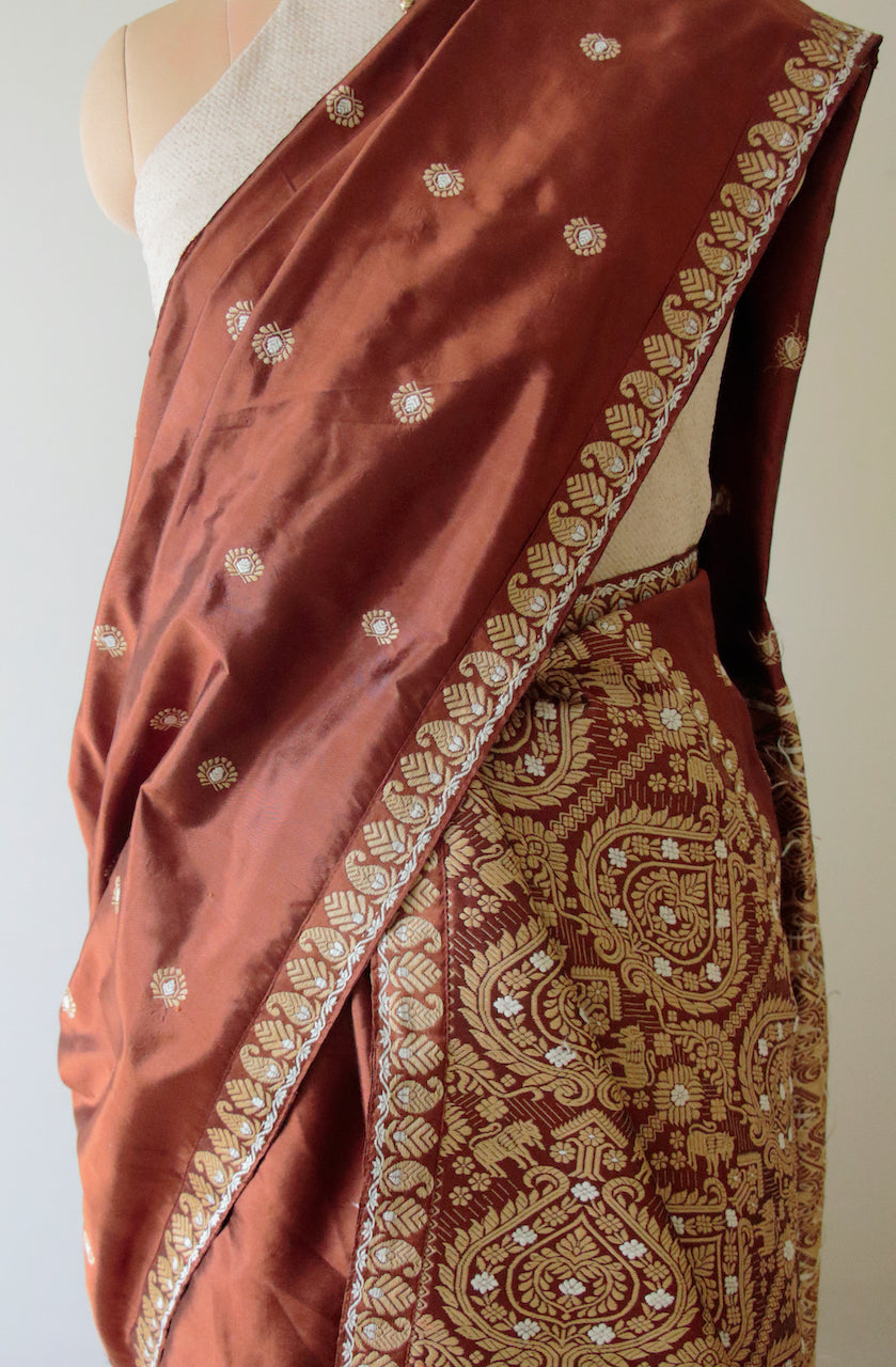 Brown Mulberry Silk Traditional 3 pc Mekhla Chador Set from Assam