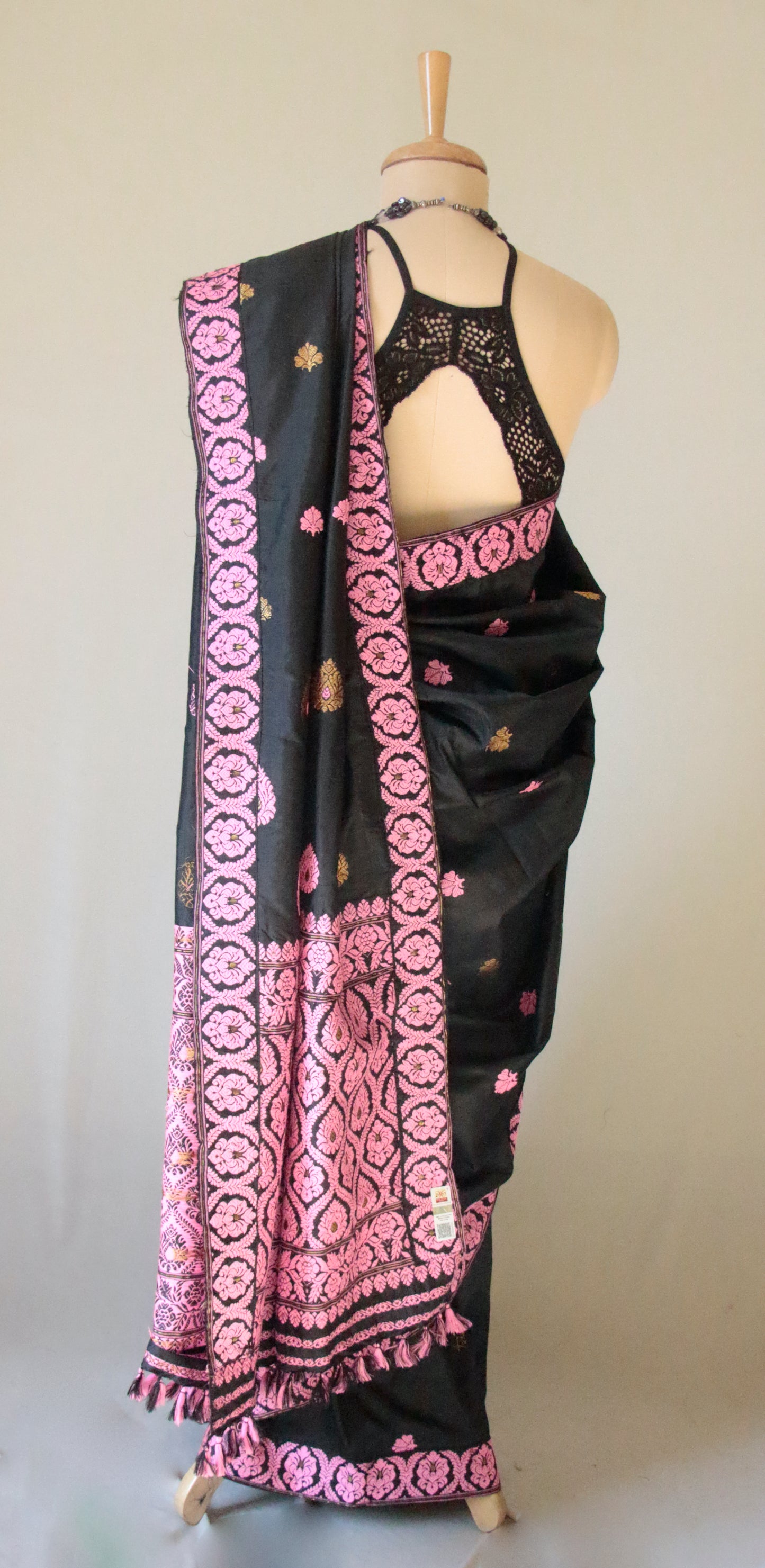 Black Handloom Mulberry Silk Saree from Assam , India