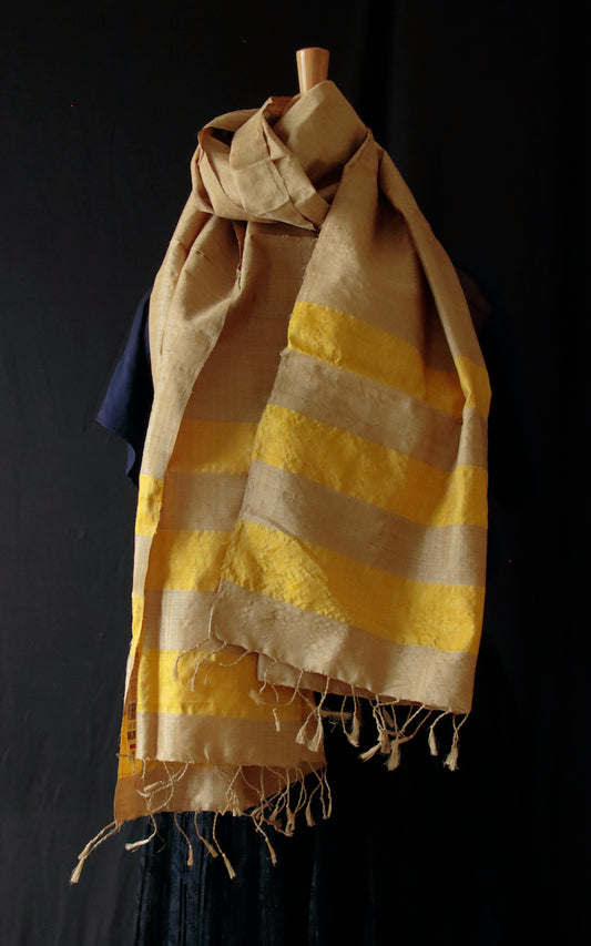 Golden Muga Silk Scarf / Stole with yellow stripe / handwoven from Assam