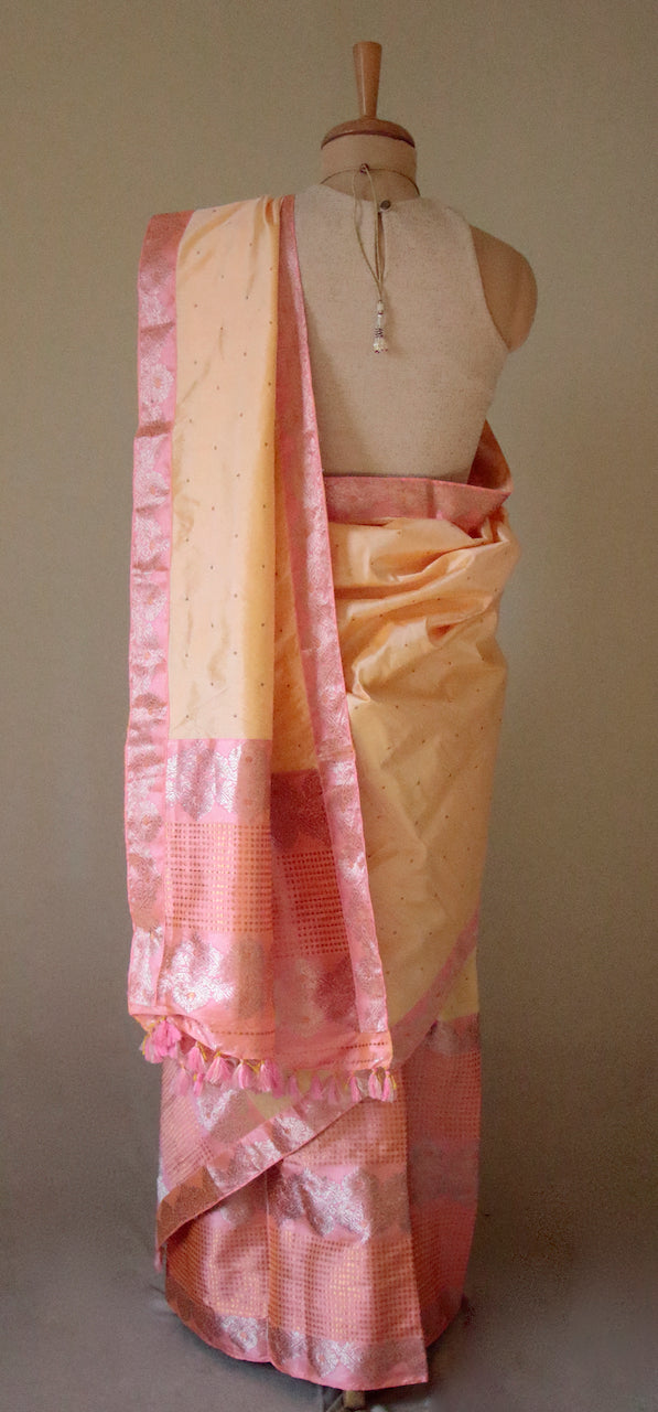 Light Peach Traditional Pure Silk Mekhela Chador Set from Assam