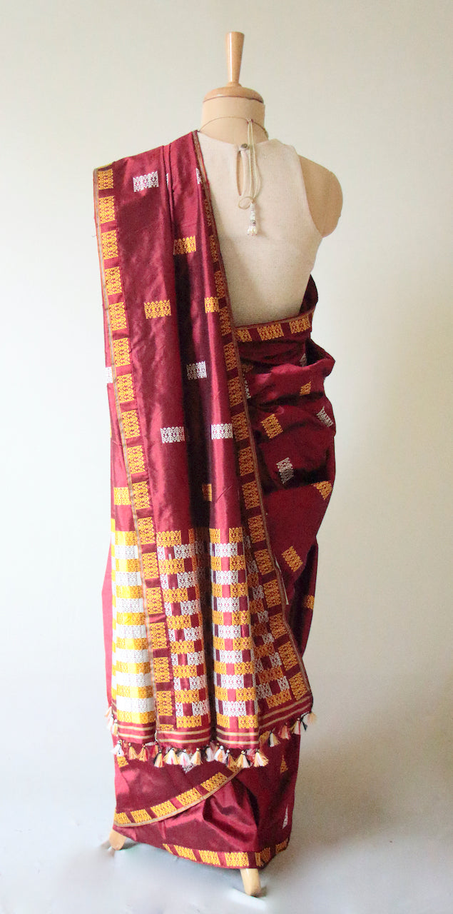 Maroon Handloom Mulberry Silk  Sari from Assam