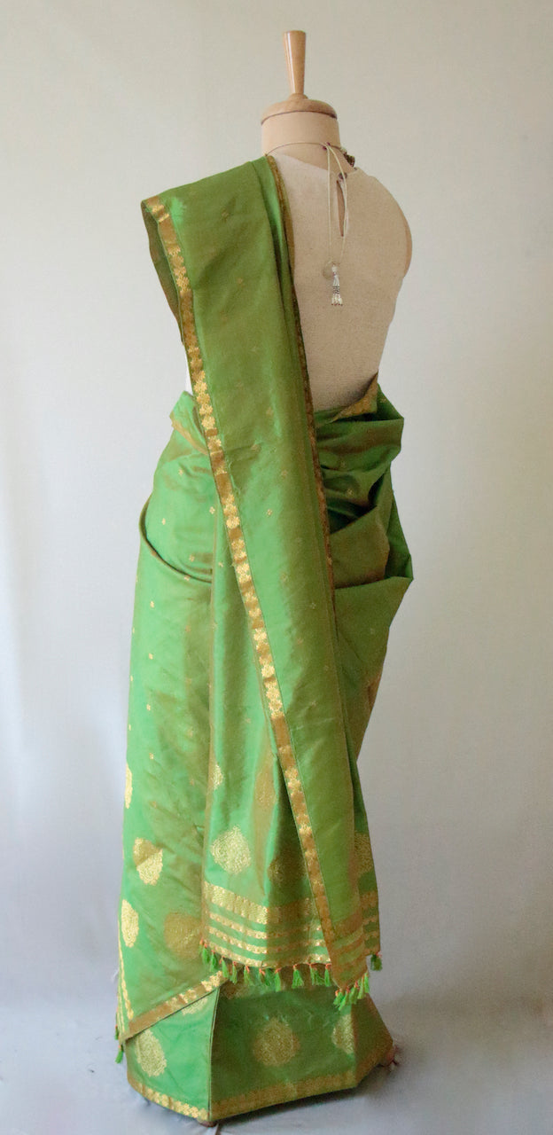 Green Two Tone  Traditional Pure Silk Mekhela Chador Set from Assam