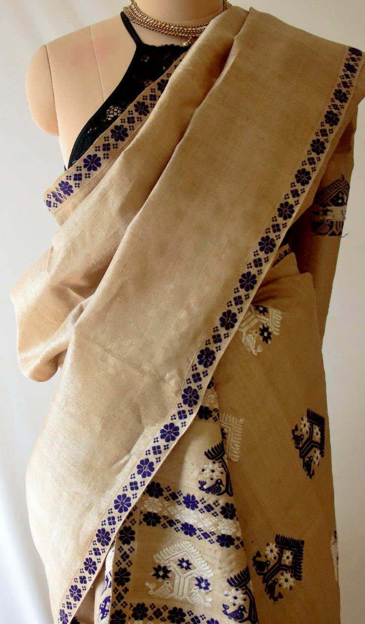 Muga Silk Mekhla Chador Set in Classic design from Assam
