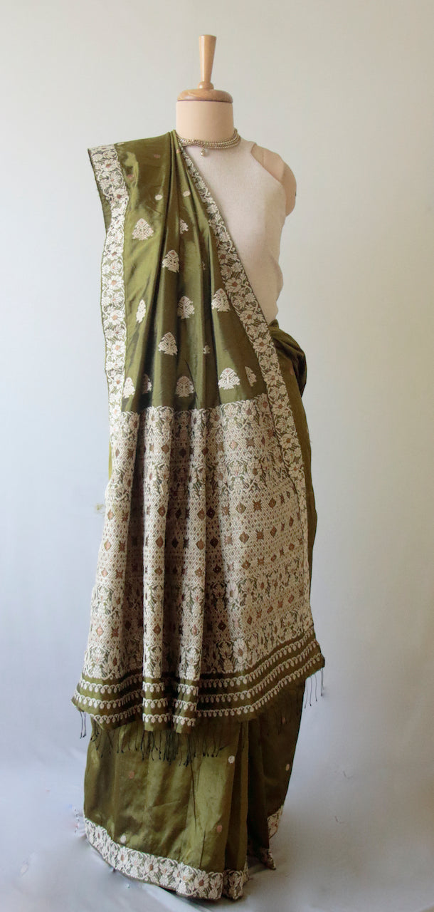 Mehendi Green Colour Handloom Mulberry Silk Saree from Assam